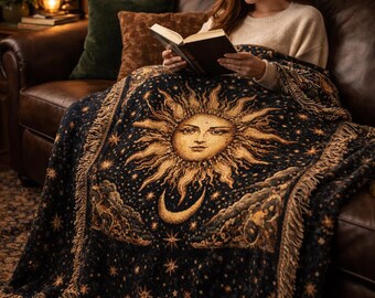 Celestial Sun & Moon Woven Blanket | Astrology Starry Tapestry Throw