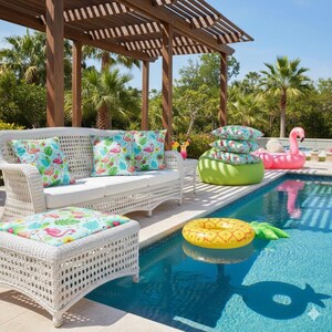 Tropical Flamingo Outdoor Pillow, Aqua Monstera Leaf Garden Cushion