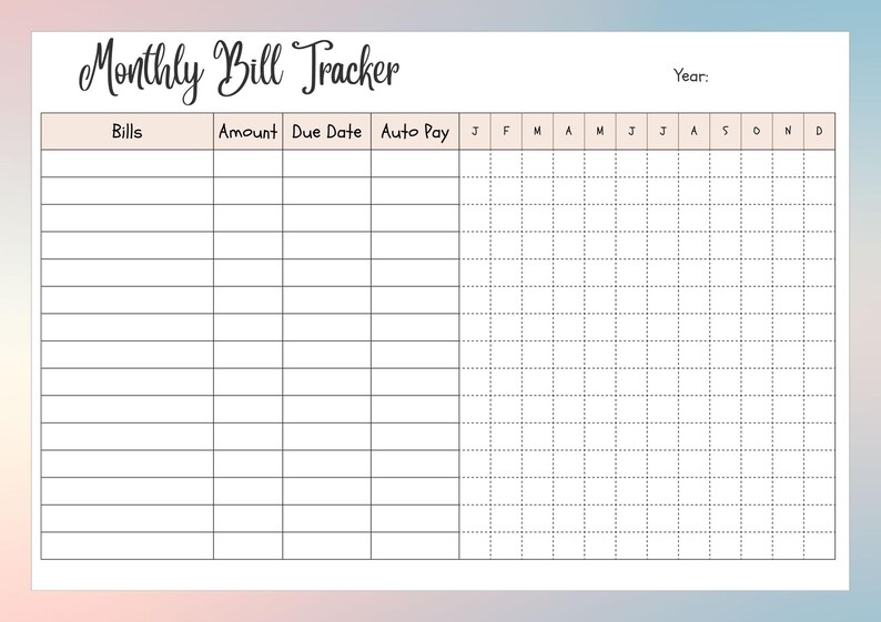 Monthly Bill Tracker Printable, Yearly Budget Planner, Expense Tracker ...