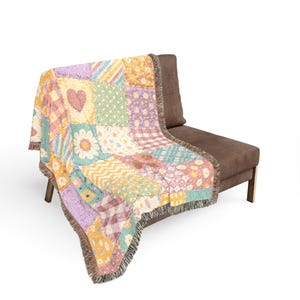 Muted Pastel Patchwork Quilt Heart Woven Blanket | Cozy Throw, Quilted Patch Design image 6