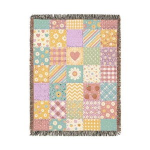 Muted Pastel Patchwork Quilt Heart Woven Blanket | Cozy Throw, Quilted Patch Design image 4