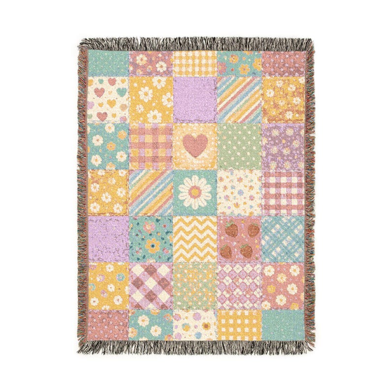 Muted Pastel Patchwork Quilt Heart Woven Blanket | Cozy Throw, Quilted Patch Design image 4