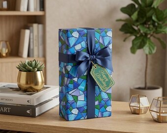 Papel de embrulho com estampa de vitral azul e verde | Papel de embrulho geométrico