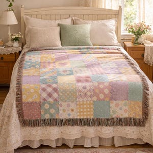 Muted Pastel Patchwork Quilt Heart Woven Blanket | Cozy Throw, Quilted Patch Design image 2