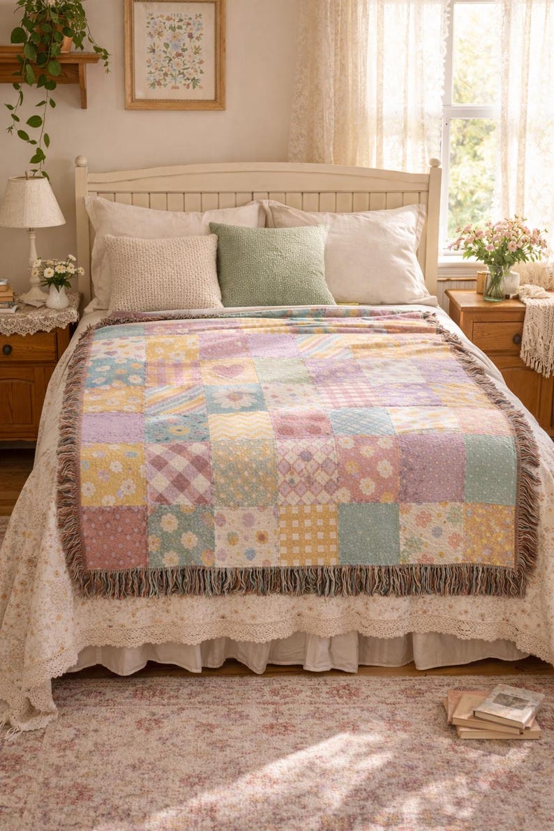 Muted Pastel Patchwork Quilt Heart Woven Blanket | Cozy Throw, Quilted Patch Design image 2