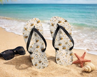 Chinelo de dedo com estampa de abelha | Sandálias de praia com abelha desenhada à mão