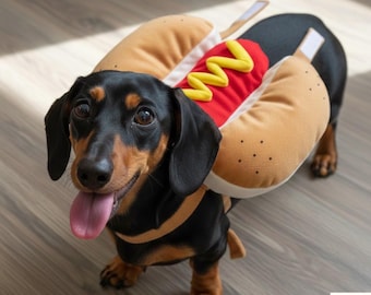 Déguisement de hot-dog pour chien – Tenue amusante de teckel, costume de saucisse pour chiens de petite et moyenne taille, déguisement d'Halloween mignon pour animaux de compagnie, cadeau pour les amoureux des chiens