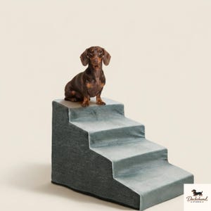 Puede incluir: Un perro salchicha marrón sentado sobre una escalera para mascotas de cuatro peldaños. La escalera está cubierta con una tela azul pizarra texturizada con un sutil patrón de rejilla. La estructura tiene un diseño sólido y escalonado.