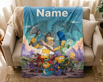 Personalisierte Simpsons Fleece Decke, individueller Name Homer Bart Marge, gemütliches Zimmerdekor