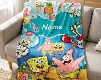 Personalized SpongeBob Fleece Throw Blanket, Custom Name Cartoon Kids Gift