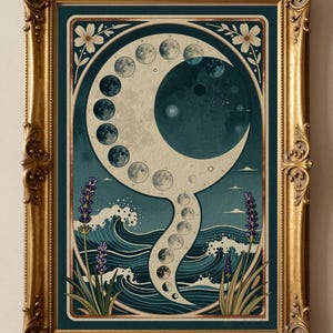 Vintage Moon Tide Chart Print, Coastal Celestial Art, Moon Phases Ocean Waves Decor