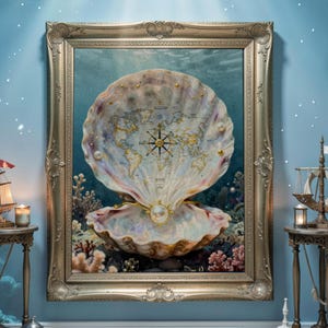 Può includere: Un'opera d'arte da parete incorniciata raffigurante una conchiglia aperta con un interno iridescente. Una mappa del mondo è stampata sulla superficie della conchiglia, centrata da una rosa dei venti dorata. Perle e dettagli dorati sui bordi.