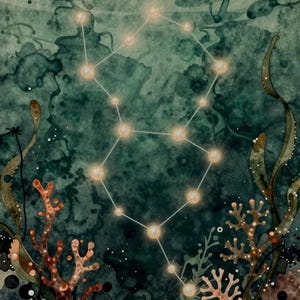 以下が含まれることがあります： 水彩画。輝く星の星座が線で繋がれた水中シーン。赤、オレンジ、緑色のサンゴと海藻が前景に描かれています。背景は濃いティール色です。