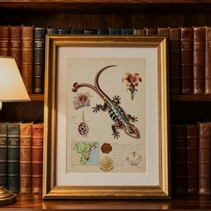 Puede incluir: Una impresión botánica vintage enmarcada con una ilustración detallada de un lagarto, flores y diagramas científicos. La obra de arte está sobre un fondo crema y enmarcada en oro, exhibida en un estante de madera con libros antiguos.