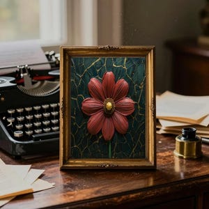 Op de afbeelding: Een ingelijst kunstwerk met een driedimensionale rode bloem met een gouden centrum, tegen een donkergroene, gebarsten achtergrond. De gouden lijst complementeert de details van de bloem. Het kunstwerk wordt tentoongesteld op een houten bureau.
