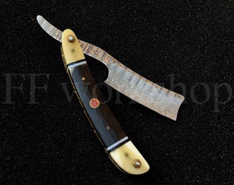 Handmade Damascus Steel Straight Razor, Custom Bone/Buffalo Horn Handle Shaving Knife, Hand forged Barber Tool, Luxury Groomsmen Gift