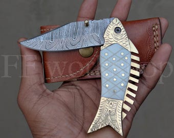 Navaja de bolsillo artesanal con mango de hueso y mango de hueso de Damasco. Regalo especial para cualquier ocasión. Regalo personalizado. Regalo de aniversario para él.