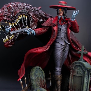 May include: A detailed figurine of a character in a long red coat and hat, holding a gun. A monstrous, multi-eyed wolf-like creature with sharp teeth is next to the character. The figure stands in a graveyard setting with tombstones.