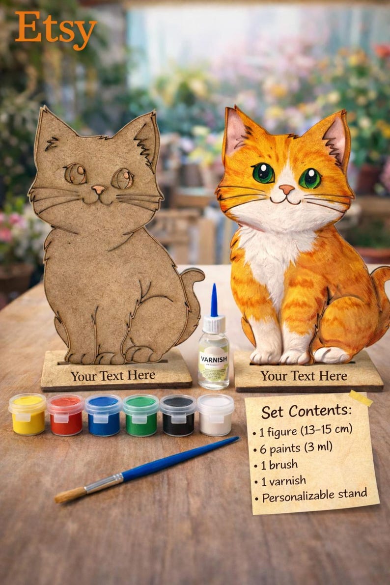 Personalized Wooden Cat Painting Kit – Handmade DIY Craft Set, Paint ...
