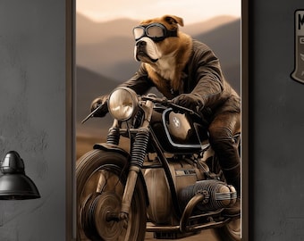 Póster de perro con diseño de bulldog, café racer, motocicleta, arte de pared, regalo