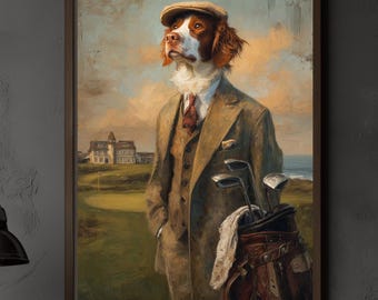 Póster de perro golfista de Bretaña - Impresión estilo pintura vintage de perros golfistas
