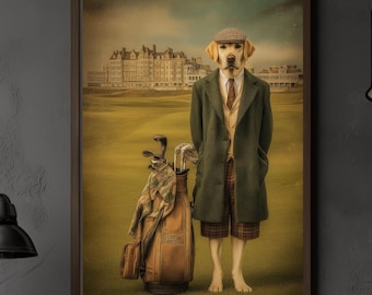 Póster de golf de labrador retriever: impresión de estilo vintage de labrador retriever.