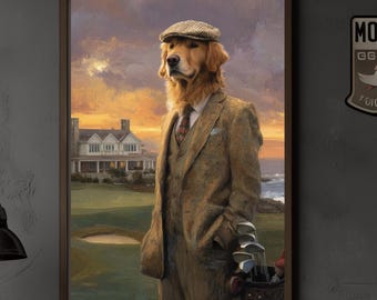 Póster de golf de perro golden retriever - Impresión estilo pintura vintage de perros golfistas