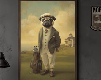 Póster de golf de Pug - Impresión estilo pintura vintage de perros de golf