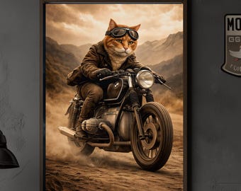 Póster de arte de pared de motocicleta Cafe Racer con gato atigrado