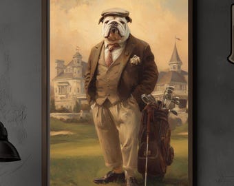 Póster de bulldog golfista - Impresión estilo pintura vintage de perros golfistas