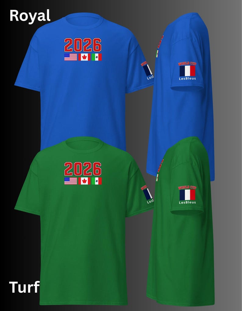 May include: Royal blue and green short-sleeve t-shirts. Each shirt displays the number "2026" above the flags of the United States, Canada, and Mexico. The sleeve features a flag and the text "LesBleus".