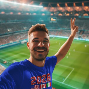 May include: A blue t-shirt with the text "2026" in red and white, along with the flags of the United States, Canada, and Mexico. The person is smiling and giving a peace sign in a stadium.
