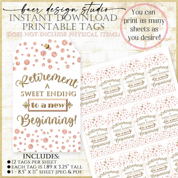 Rose Gold Tags for Favors A Sweet Ending to a New Beginning|Retirement Party Favor Tags Printable|Retirement Thank you tag|Retirement Favor