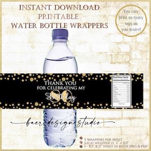 Etiketten waterfles 80e verjaardag: zwarte en gouden confetti (digitale download)
