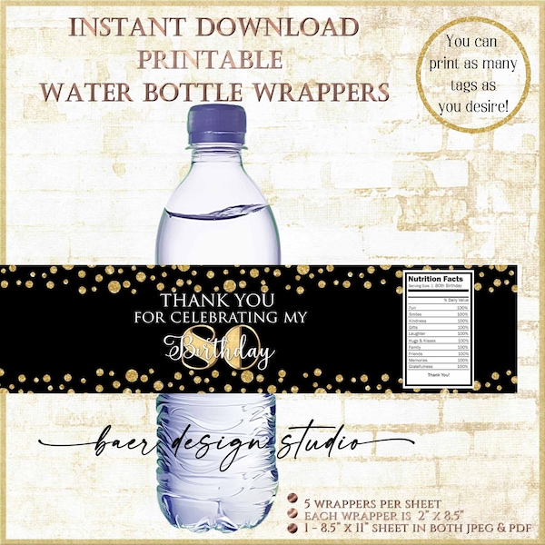 Printable water bottle labels download:Black and Gold 80th birthday water bottle wrappers with ingredients, DIY 80th birthday label  101522