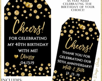 Black and Gold Cheers Party Favor Tags: Birthday, Jubiläum (Digital Download)