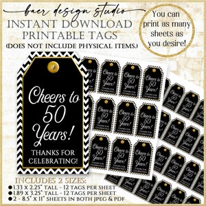Cheers to 50 Years Printable Tags: Black & Gold (Digital Download)
