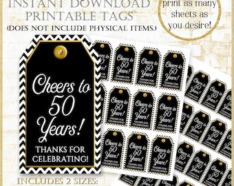 Cheers to 50 Years Printable Tags: Black & Gold (Digital Download)