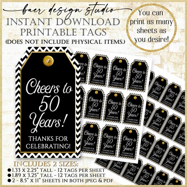 Black and White Cheers to 50 Years Thank you Tag 2 sizes: Mini Liquor Bottle Tag, Black and Gold Printable Mini Wine Tag