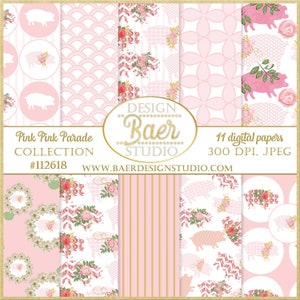 Papel digital de cerdo rosa, papel para álbum de recortes de cerdos, papel digital de cerdos y rosas, papel de San Valentín, patrón sin costuras de cerdo rosa, decoupage