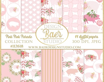 Pink Pig Digital Paper: Roses and Farm Scrapbook Patterns (Digital Download)