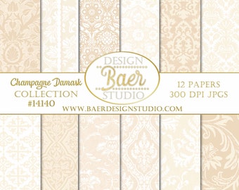 Blush Damask Digital Paper: Champagne Wedding Scrapbook (Digital Download)