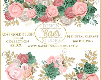 Pink Blush Flower Clipart:Pink Flower Clipart, Floral Graphics, Rose Gold Floral Clip Art, Succulent Clipart, Flower Border Clipart, #21820
