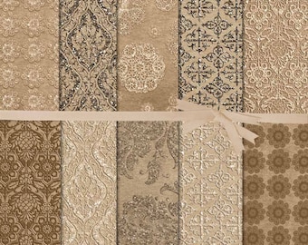 May include: A collection of ten embossed kraft paper designs in shades of brown and beige. The papers feature various patterns, including floral, damask, and geometric motifs. The text "Embossed Kraft Paper Collection" is visible.