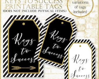 Keys to Success Printable Tags: Black and Gold Graduation Pary Activity (PDF)