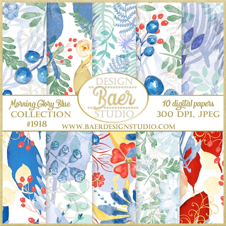 Blueberry Digital Papers:Red and Blue Digital Paper, Blue Floral