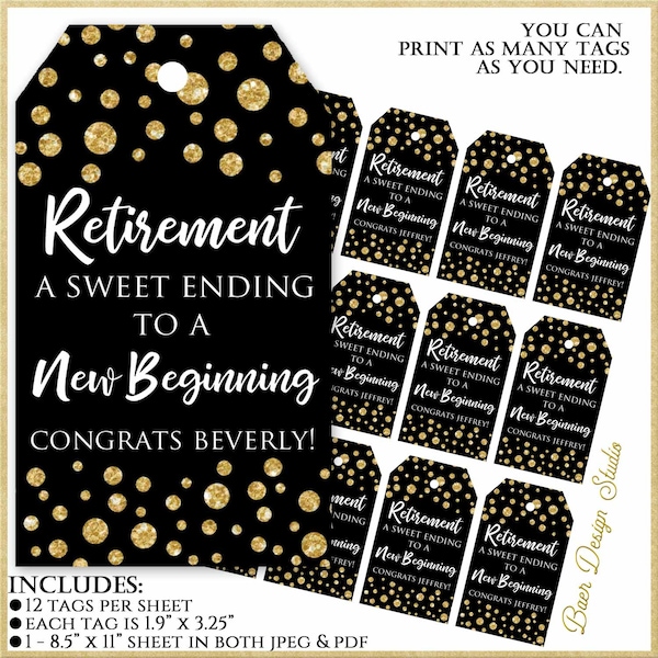 Retirement Party Favor Tags|Retirement Tags in Black and Gold Personalized|A Sweet Ending to a New Beginning Tag|DIGITAL Retirement Wine Tag