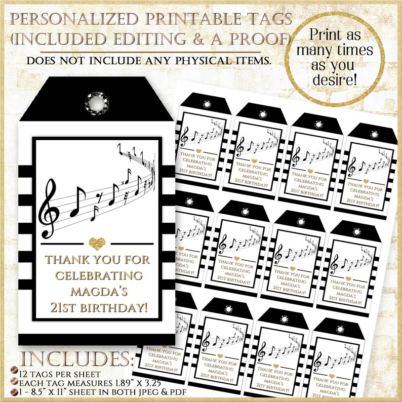 Printable Thank You Tags:musical Notes Party Favor Tags Black - Etsy