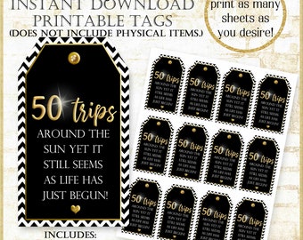 50th Birthday Thank You Tags, 50 Trips around the sun Black and Gold Party Favor tag, 50th Party Favor Tag Printable, Digital Tag #22724