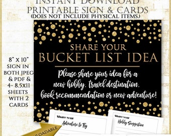 Black and Gold Bucket List Sign and matching Cards, Retirement Party Sign PRINTABLE 8x10”, Retirement Party Game Activity 6422